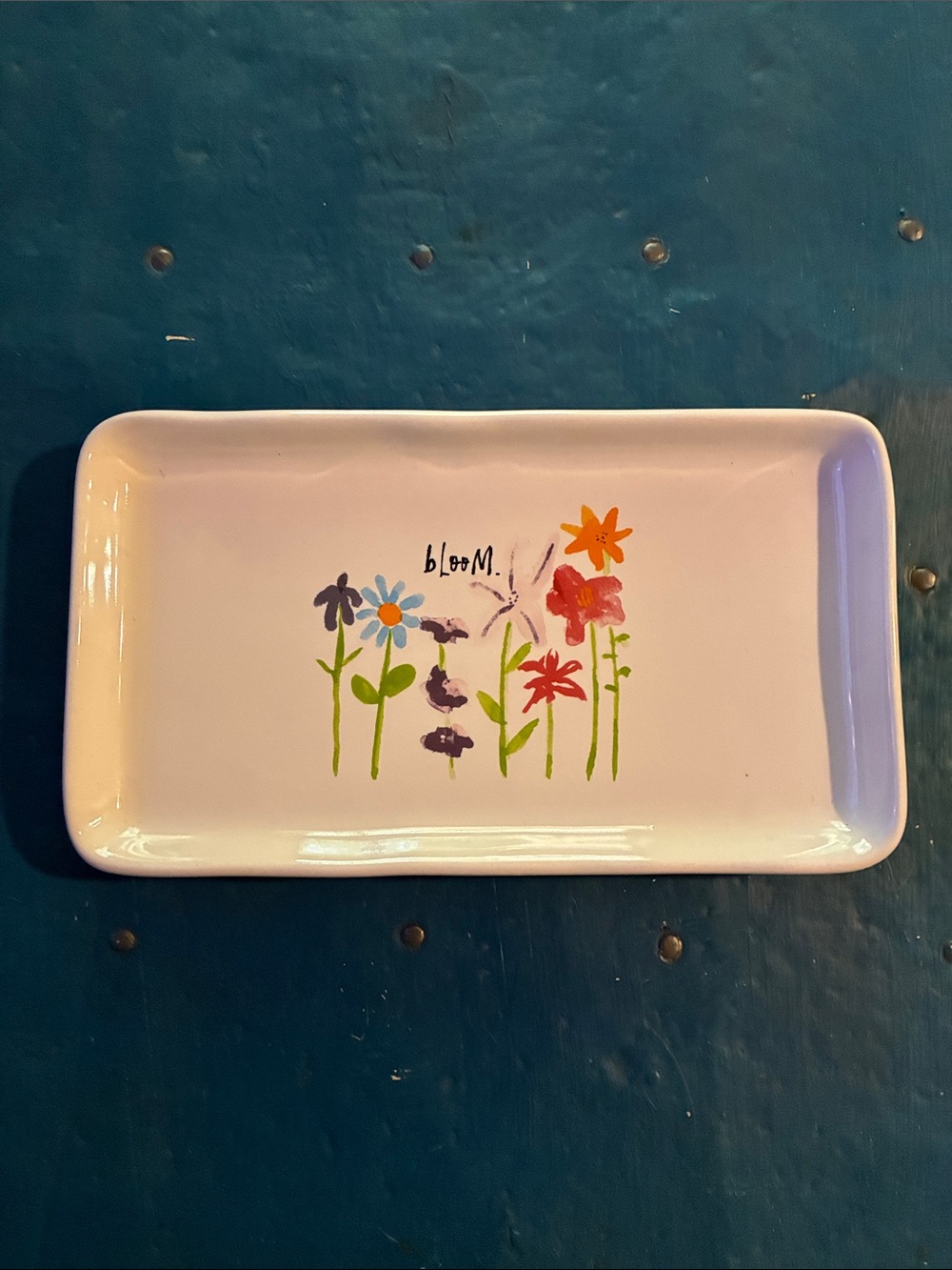 Rae Dunn White Ceramic Vanity Tray with Colorful Floral 'Bloom' Design